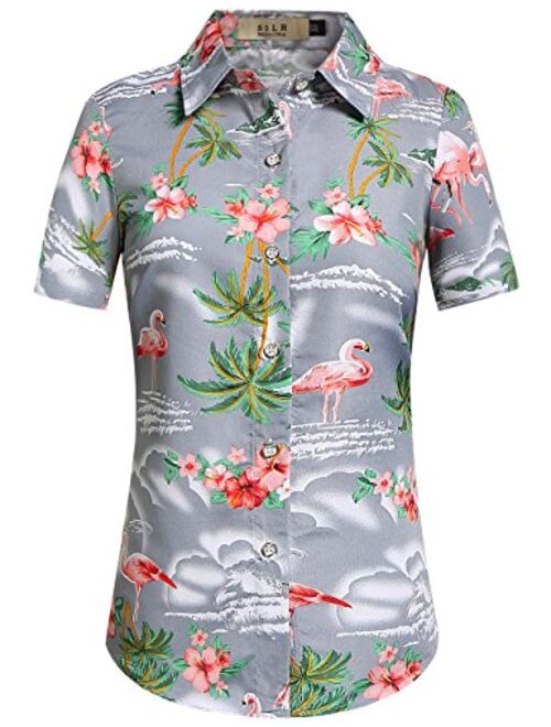 SSLR Women's Flamingos Floral Casual Short Sleeve Hawaiian Shirt