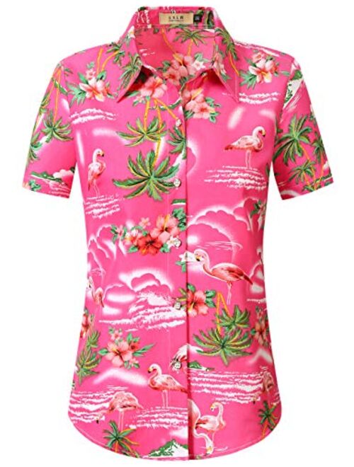 SSLR Women's Flamingos Floral Casual Short Sleeve Hawaiian Shirt