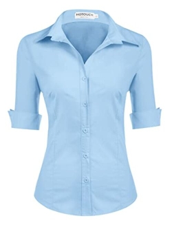 Womens 3/4 Sleeve Basic Button Down Shirt Slim Fit Cotton Dress Shirts