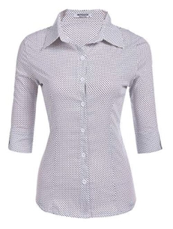 Womens 3/4 Sleeve Basic Button Down Shirt Slim Fit Cotton Dress Shirts