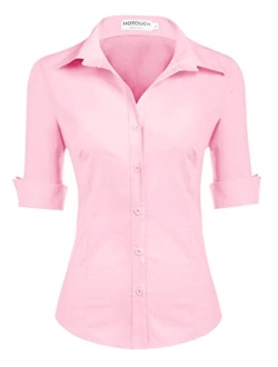 Womens 3/4 Sleeve Basic Button Down Shirt Slim Fit Cotton Dress Shirts