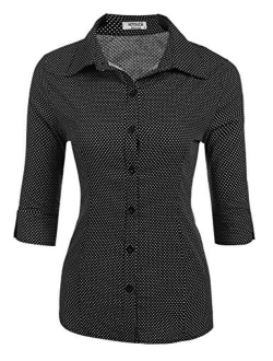 Womens 3/4 Sleeve Basic Button Down Shirt Slim Fit Cotton Dress Shirts