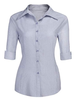 Womens 3/4 Sleeve Basic Button Down Shirt Slim Fit Cotton Dress Shirts