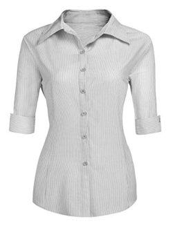 Womens 3/4 Sleeve Basic Button Down Shirt Slim Fit Cotton Dress Shirts