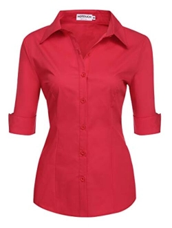 Womens 3/4 Sleeve Basic Button Down Shirt Slim Fit Cotton Dress Shirts