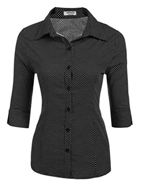 Hotouch Womens 3/4 Sleeve Basic Button Down Shirt Slim Fit Cotton Dress Shirts