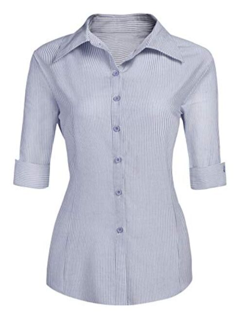 Hotouch Womens 3/4 Sleeve Basic Button Down Shirt Slim Fit Cotton Dress Shirts