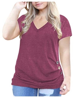 VISLILY Women's Plus Size Casual Short Sleeve Buttons Tunic T Shirt Blouse Tops