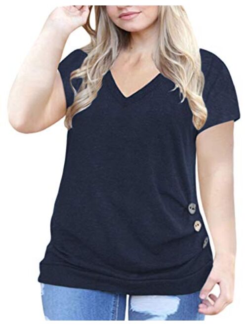 VISLILY Women's Plus Size Casual Short Sleeve Buttons Tunic T Shirt Blouse Tops