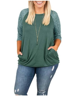 Womens Tops Plus Size Raglan Shirt 3/4 Sleeve Short Sleeve Striped Crew Neck Tshirt Tunic with Pockets