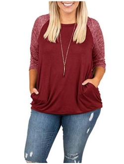 Womens Tops Plus Size Raglan Shirt 3/4 Sleeve Short Sleeve Striped Crew Neck Tshirt Tunic with Pockets