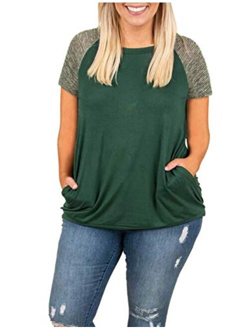 Womens Tops Plus Size Raglan Shirt 3/4 Sleeve Short Sleeve Striped Crew Neck Tshirt Tunic with Pockets