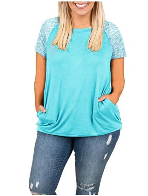 Womens Tops Plus Size Raglan Shirt 3/4 Sleeve Short Sleeve Striped Crew Neck Tshirt Tunic with Pockets