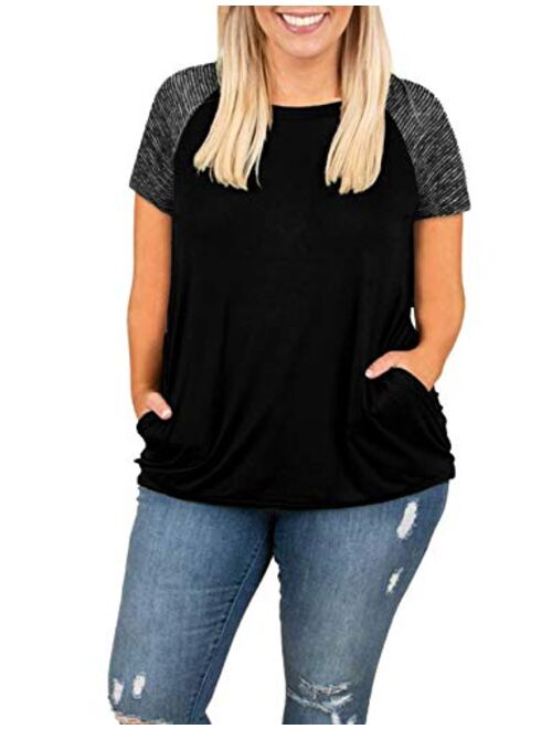 Womens Tops Plus Size Raglan Shirt 3/4 Sleeve Short Sleeve Striped Crew Neck Tshirt Tunic with Pockets