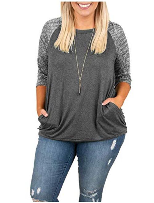 Womens Tops Plus Size Raglan Shirt 3/4 Sleeve Short Sleeve Striped Crew Neck Tshirt Tunic with Pockets