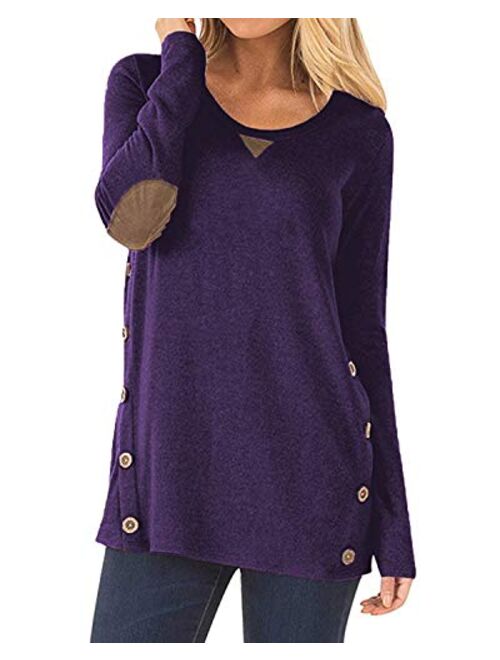 ZILIN Women's Faux Suede Elbow Patch T-Shirt Long Sleeve Letter Print Tunic Shirts Tops