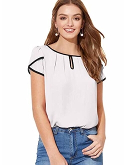 Women's Casual Pleated Petal Cap Sleeve Round Neck Keyhole Blouse Top