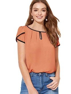 Women's Casual Pleated Petal Cap Sleeve Round Neck Keyhole Blouse Top