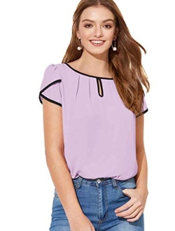 Women's Casual Pleated Petal Cap Sleeve Round Neck Keyhole Blouse Top