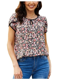 Women's Casual Pleated Petal Cap Sleeve Round Neck Keyhole Blouse Top