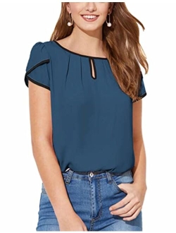 Women's Casual Pleated Petal Cap Sleeve Round Neck Keyhole Blouse Top