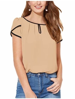 Women's Casual Pleated Petal Cap Sleeve Round Neck Keyhole Blouse Top