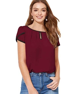 Women's Casual Pleated Petal Cap Sleeve Round Neck Keyhole Blouse Top