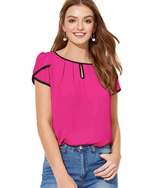 Milumia Women's Casual Pleated Petal Cap Sleeve Round Neck Keyhole Blouse Top