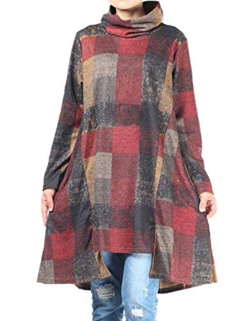 Mordenmiss Women's Checked Plaid Tunic Tops Turtleneck Shirt Dress with Pockets