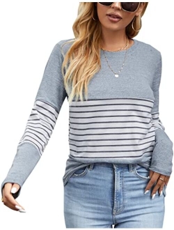 Women's Long Sleeve Round Neck Elbow Patched Color Block Stripe Shirt Tops