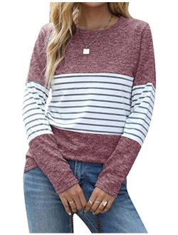 Women's Long Sleeve Round Neck Elbow Patched Color Block Stripe Shirt Tops