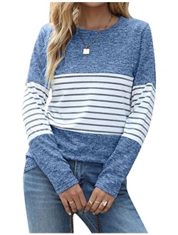 Women's Long Sleeve Round Neck Elbow Patched Color Block Stripe Shirt Tops