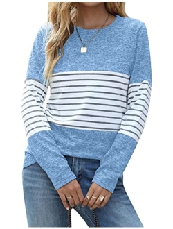 Women's Long Sleeve Round Neck Elbow Patched Color Block Stripe Shirt Tops