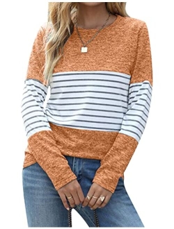 Women's Long Sleeve Round Neck Elbow Patched Color Block Stripe Shirt Tops