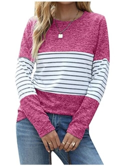 Women's Long Sleeve Round Neck Elbow Patched Color Block Stripe Shirt Tops