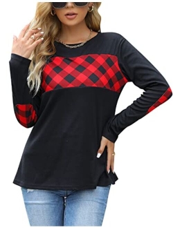 Women's Long Sleeve Round Neck Elbow Patched Color Block Stripe Shirt Tops