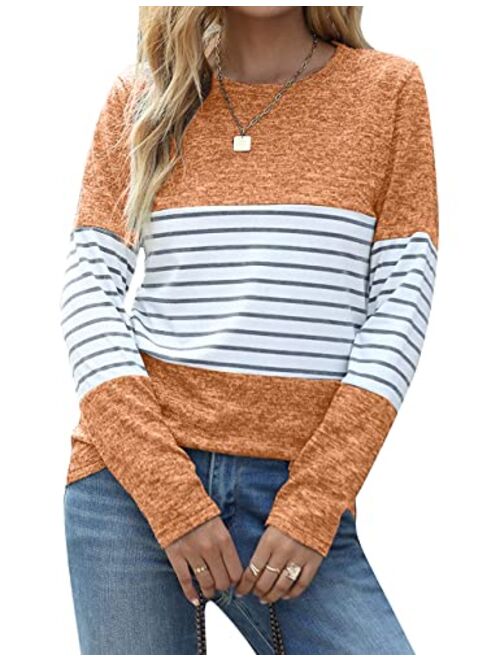 Blooming Jelly Women's Long Sleeve Round Neck Elbow Patched Color Block Stripe Shirt Tops