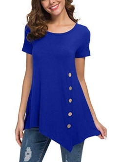 Jouica Women's Short Sleeve Casual Scoop Neck Button Side Shirt Blouse Tunic Top