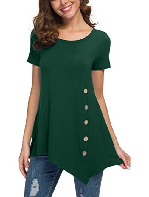 Jouica Women's Short Sleeve Casual Scoop Neck Button Side Shirt Blouse Tunic Top