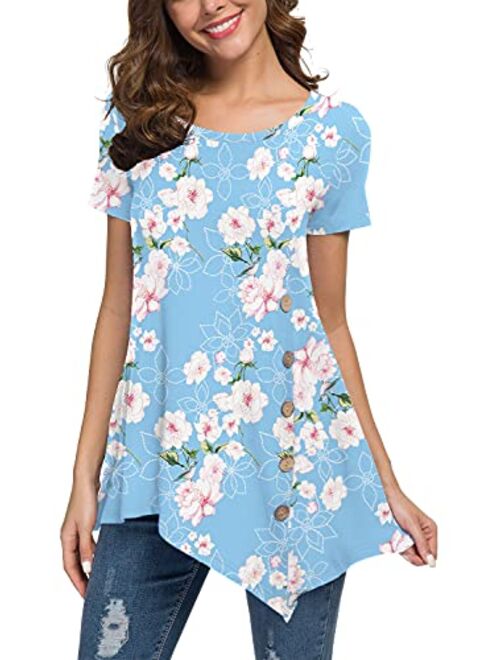 Jouica Women's Short Sleeve Casual Scoop Neck Button Side Shirt Blouse Tunic Top