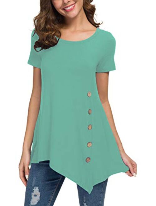 Jouica Women's Short Sleeve Casual Scoop Neck Button Side Shirt Blouse Tunic Top