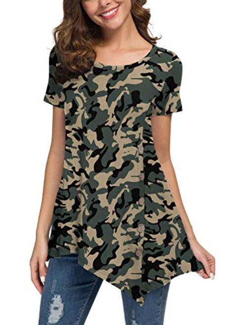 Jouica Women's Short Sleeve Casual Scoop Neck Button Side Shirt Blouse Tunic Top