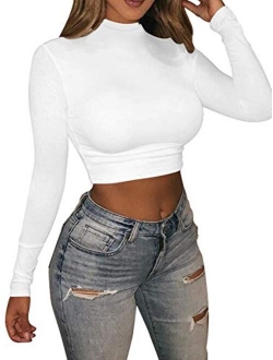 Basic Long Sleeve Crop Top, Women's Turtleneck Sexy Casual Top