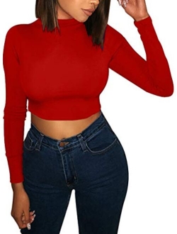 Basic Long Sleeve Crop Top, Women's Turtleneck Sexy Casual Top