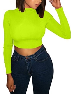 Basic Long Sleeve Crop Top, Women's Turtleneck Sexy Casual Top