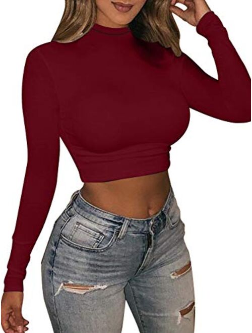 LAGSHIAN Basic Long Sleeve Crop Top, Women's Turtleneck Sexy Casual Top