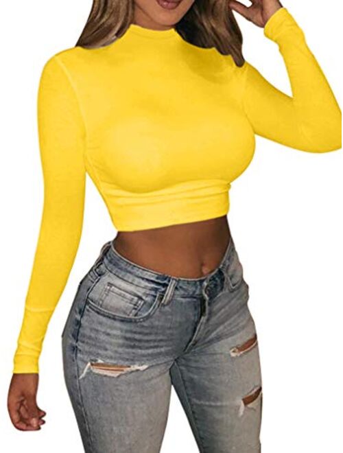 LAGSHIAN Basic Long Sleeve Crop Top, Women's Turtleneck Sexy Casual Top