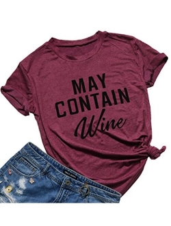 May Contain Wine T Shirt Alcohol Shirts Womens Letter Print Tops Funny Drinking Shirt Casual Short Sleeve Graphic Tees Top