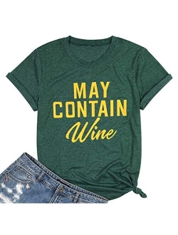 May Contain Wine T Shirt Alcohol Shirts Womens Letter Print Tops Funny Drinking Shirt Casual Short Sleeve Graphic Tees Top