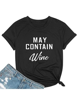 May Contain Wine T Shirt Alcohol Shirts Womens Letter Print Tops Funny Drinking Shirt Casual Short Sleeve Graphic Tees Top